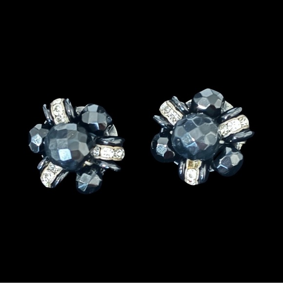 Vintage black faceted beads with rhinestones clip on earrings - Picture 1 of 7